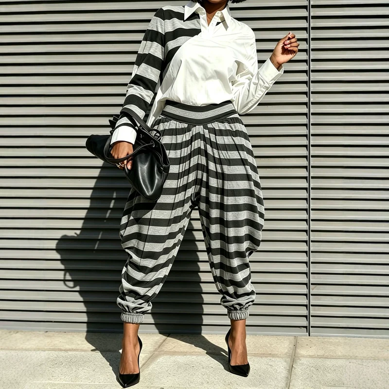 Fashion Color Matched Plaid Print Loose Suit Elegant Lapel Pullover Shirt & Harem Pants Outfits Casual Long Sleeve Women 2Pc Set