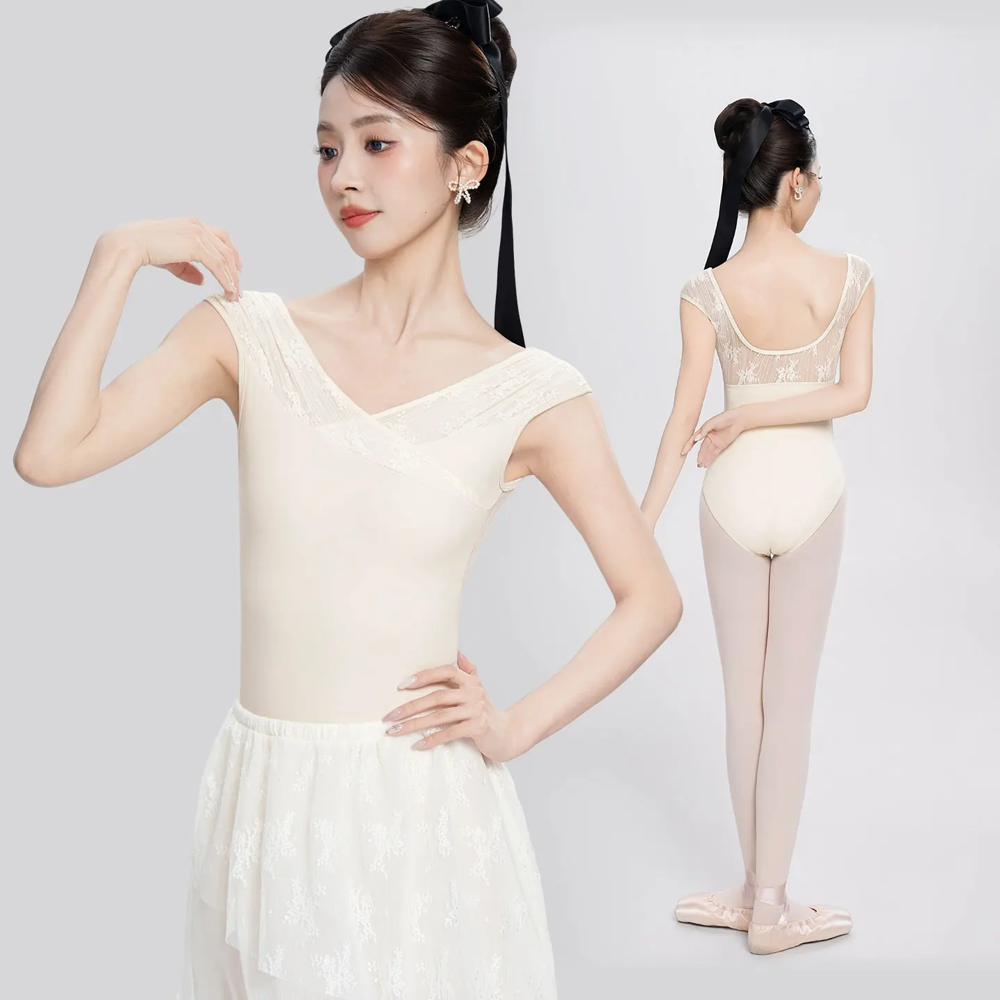 

Женский балетный купальник с V-образным вырезом, нейлоновый, с кружевными вставками, эластичный, для взрослых, для танцев и гимнастики