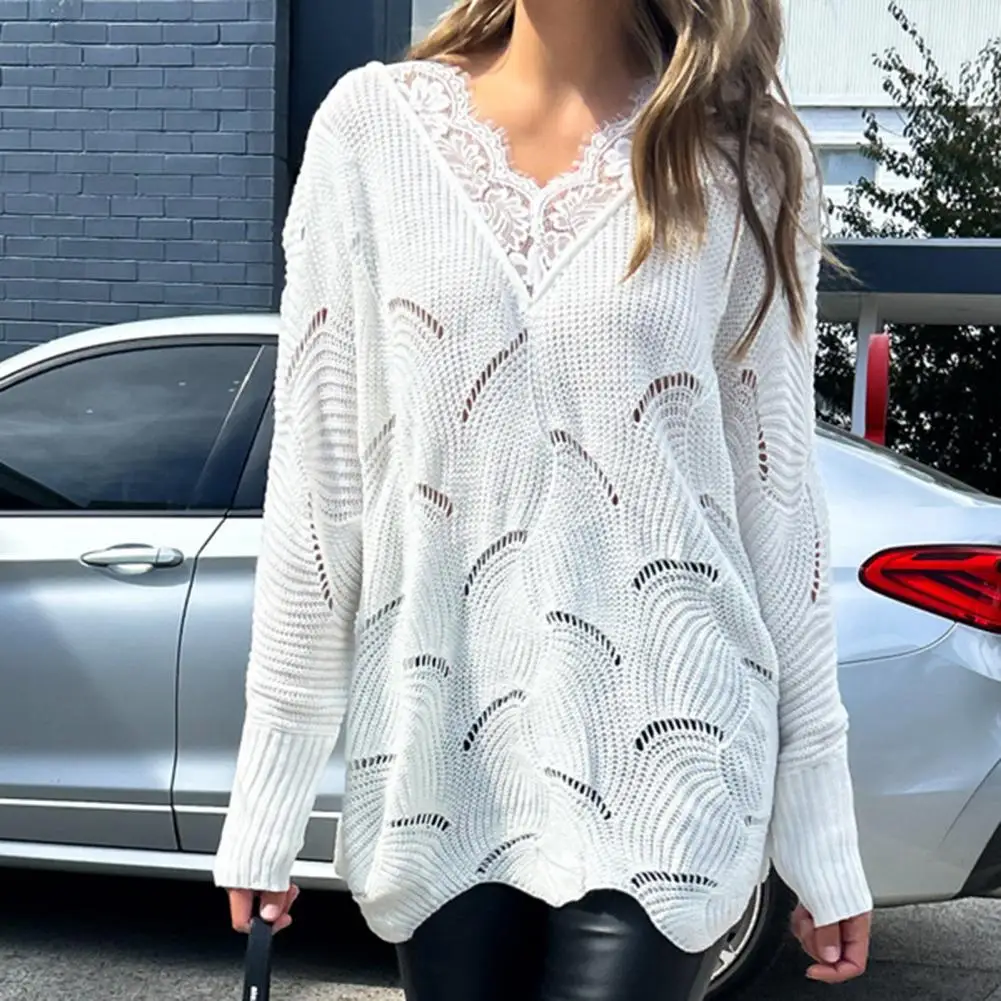 Women Loose-fit Sweater Stylish Women's V Neck Sweater With Lace Detail Loose Fit Hollow Design Knit Top For Streetwear Party