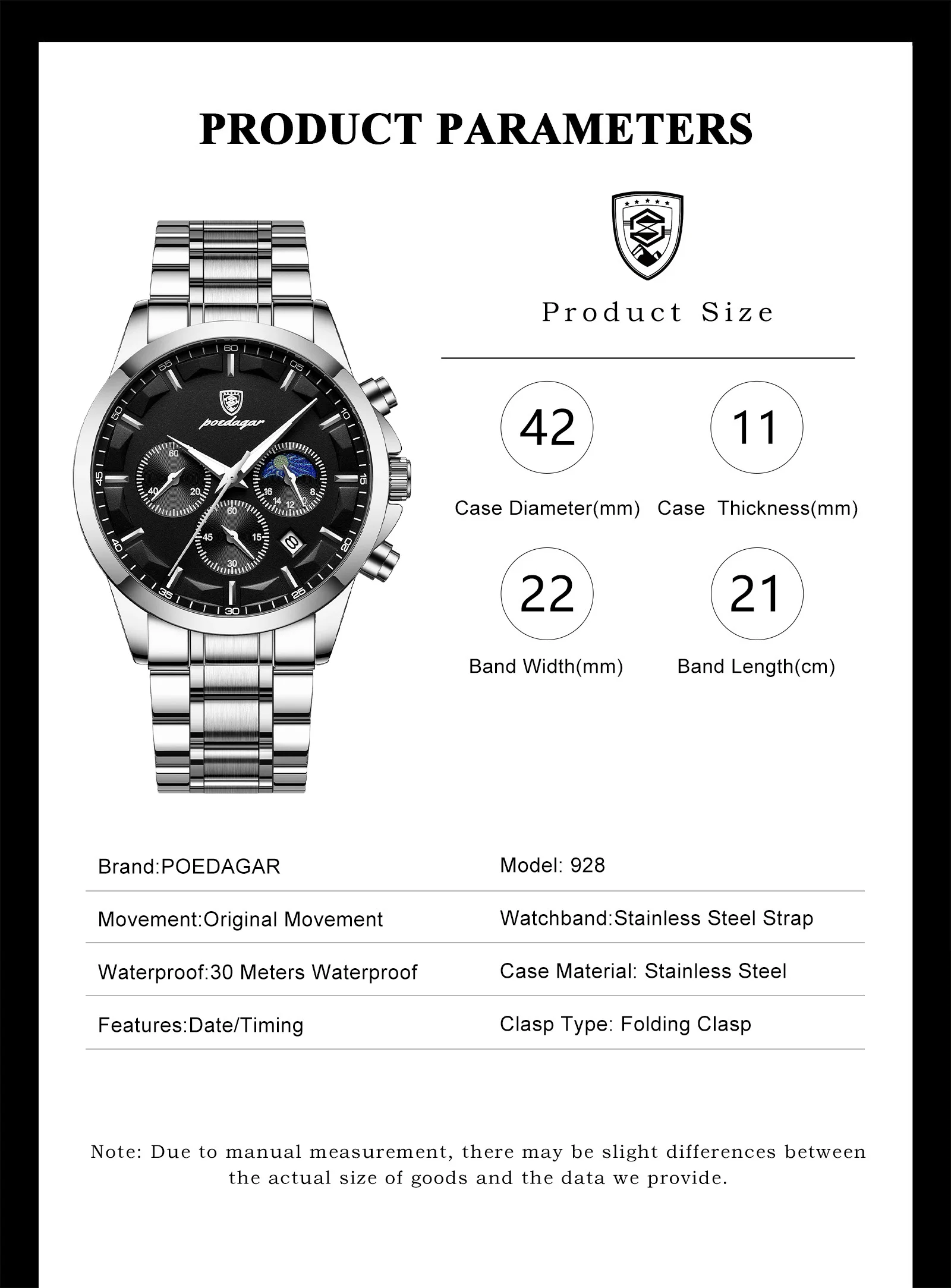 POEDAGAR Herrenuhr Wasserdicht Leuchtend Edelstahl Mode Herrenuhr Chronograph Datum Quarz Business Herrenuhren – Detail 5