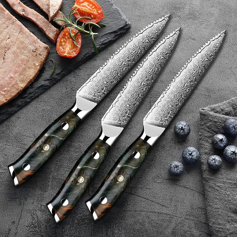 Damascus Steak Knives Set of 1-6 Serrated, Japanese VG10 Stainless Steel Steak knives 5 Inch Steak Knives Stabilized wood Handle