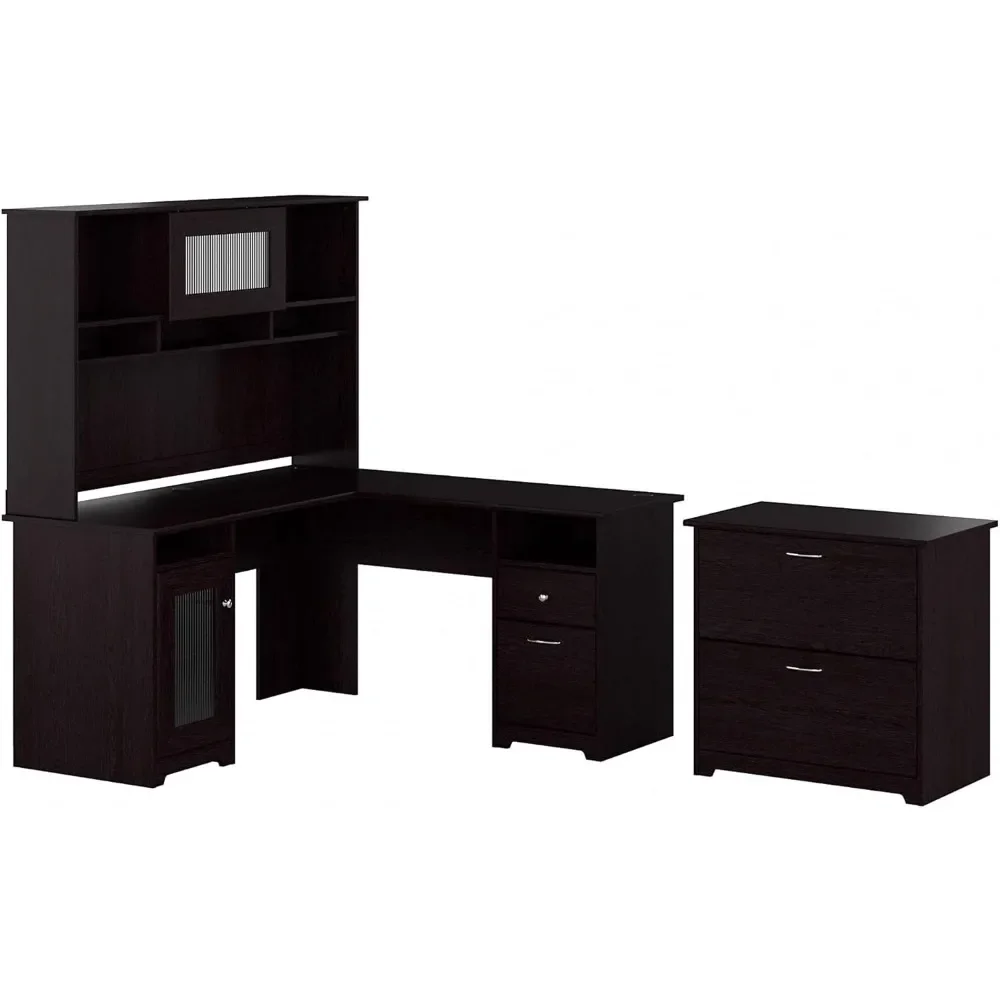 

Espresso Oak 60W L-Shaped Desk with Hutch and File Cabinet