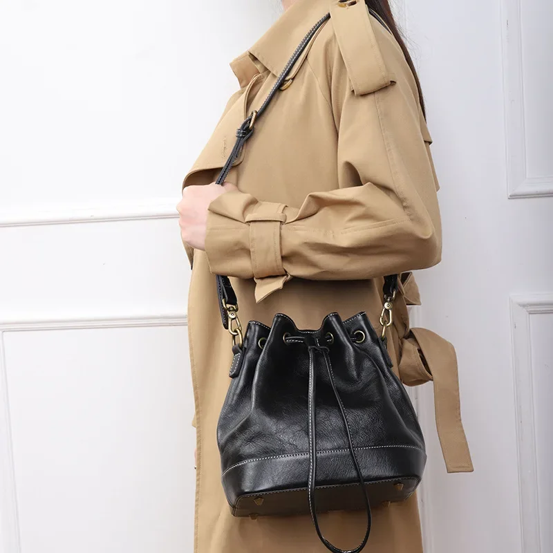 Minority Designer Frawstring Bucket Bag All-match Fashion One Shoulder Crossbody Portable Handbags 2024 New Luxury Bolsos Mujer