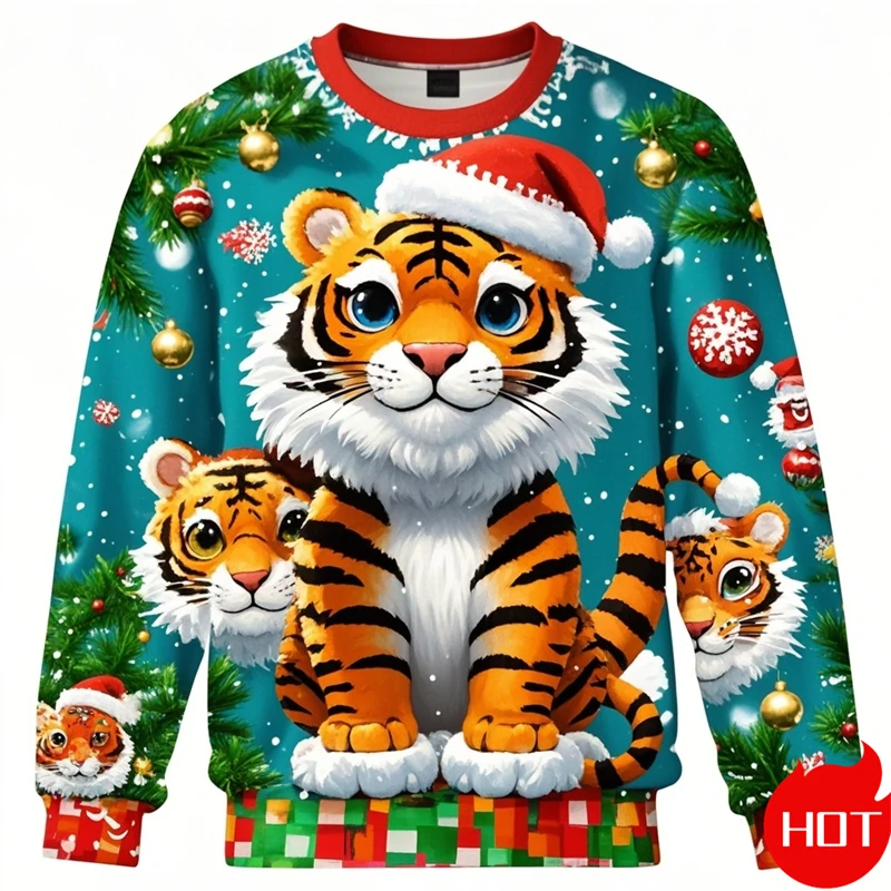 Pullover Sweatshirt For Men Christmas Anime Tiger Graphic 3D Printed Long Sleeve Tops Oversized O-Neck Pullovers Casual Clothing