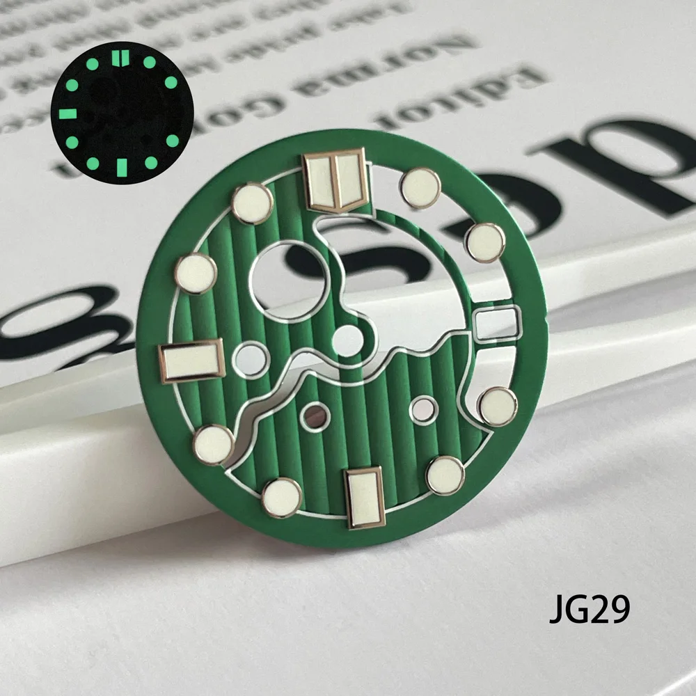 Modificación de accesorios de reloj luminoso verde con esfera hueca nueva de 28,5mm, adecuada para movimientos NH35/NH36/4R