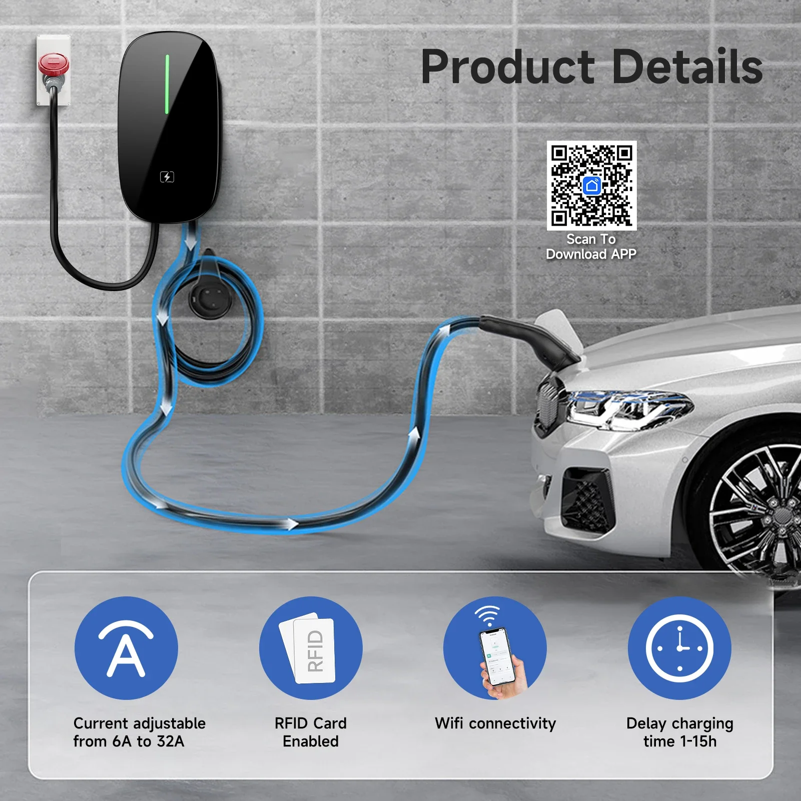 7/11/22KW EV Charging Station Type2 IEC 62196-2 Electric Car Charger 32A EVSE Wallbox Wallmount Charger WiFi APP Remote Control