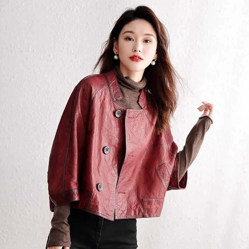 Series  leather coat women's short single leather cloak large loose single leather sheep leather coat jacket