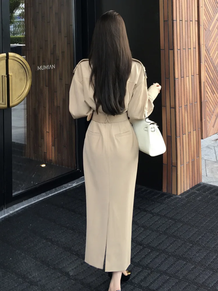 High Quality French Elegant Fashion Long Dresses For Women 2024 New Fall Korean OL Windbreaker Dress Vestidos Largos Robe Femme