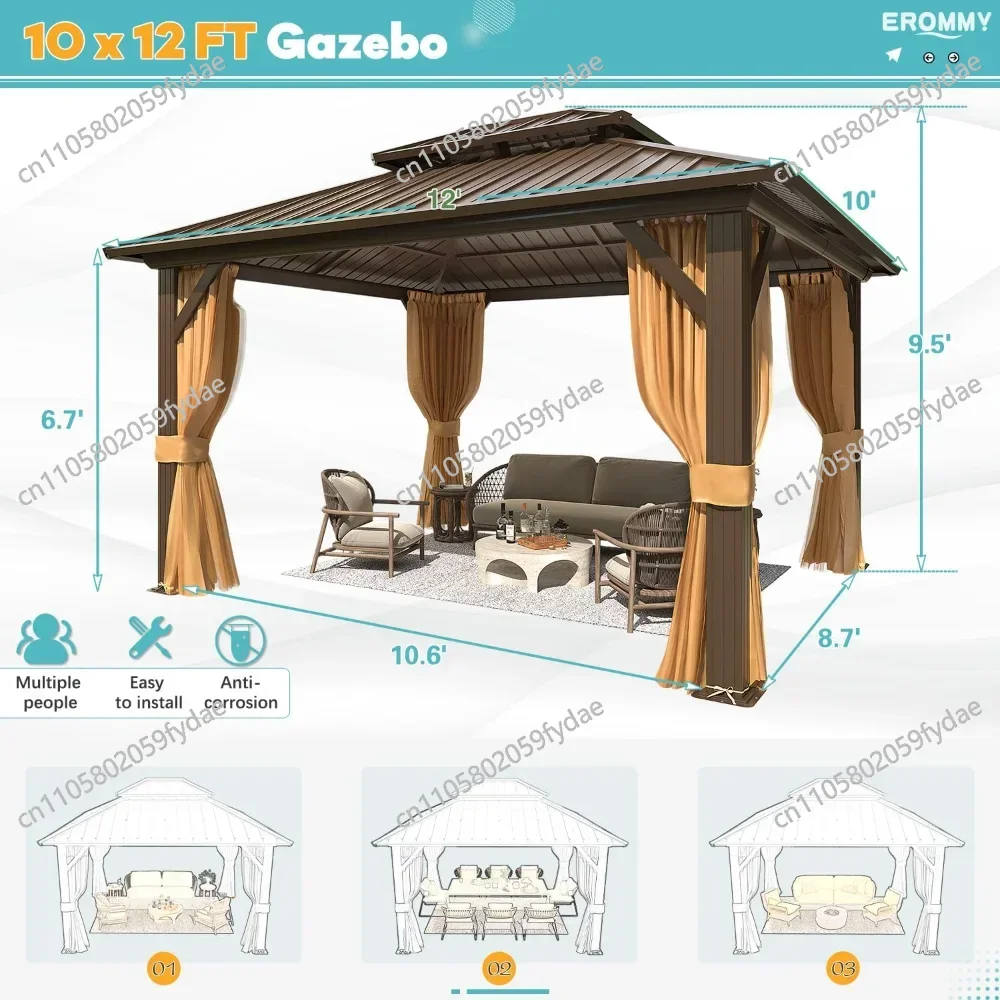 10' X 12' Hardtop Gazebo, Aluminum Frame Gazebos with Galvanized Steel Double Roof, Outdoor Metal Pavilion W/Curtain and Netting