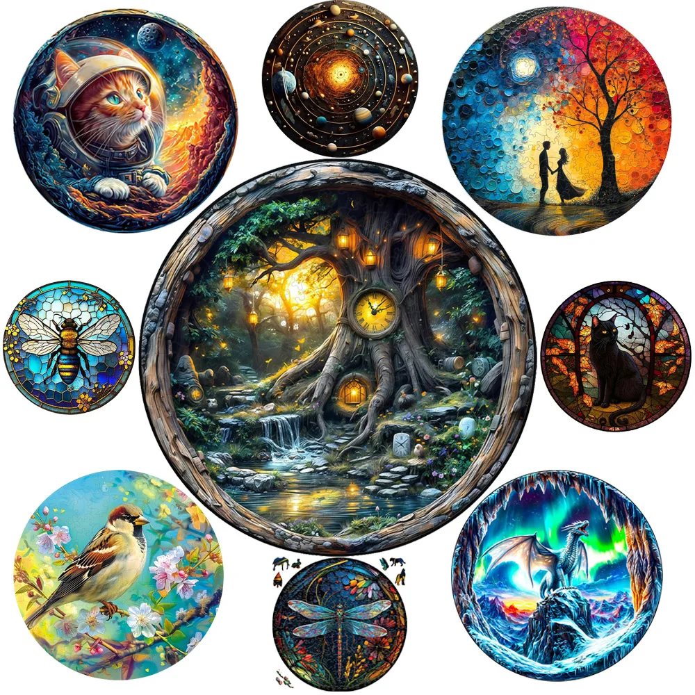 Lovely Cat Bird Dog Wood Jigsaw Unique Circular Wooden Animal Puzzle for Adult Kids Intelligent DIY Toys Holiday Gifts