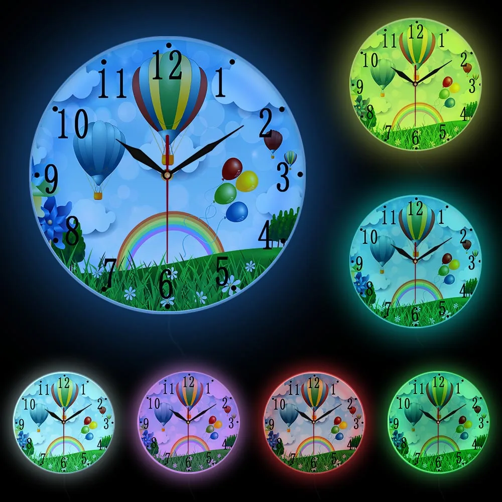Hot Air Balloons Cartoon Design Wall Clock For Kids Room Silent Non Ticking Print Wall Watch Spring Landscape Nursery Art Decor image 6