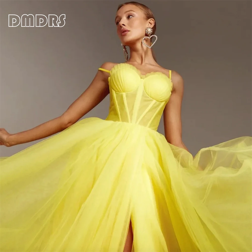 Robe de Soirée Longue en Tulle Jaune pour Femme, Corset, Fente Latérale, Formelle, Ligne A, Sur Mesure