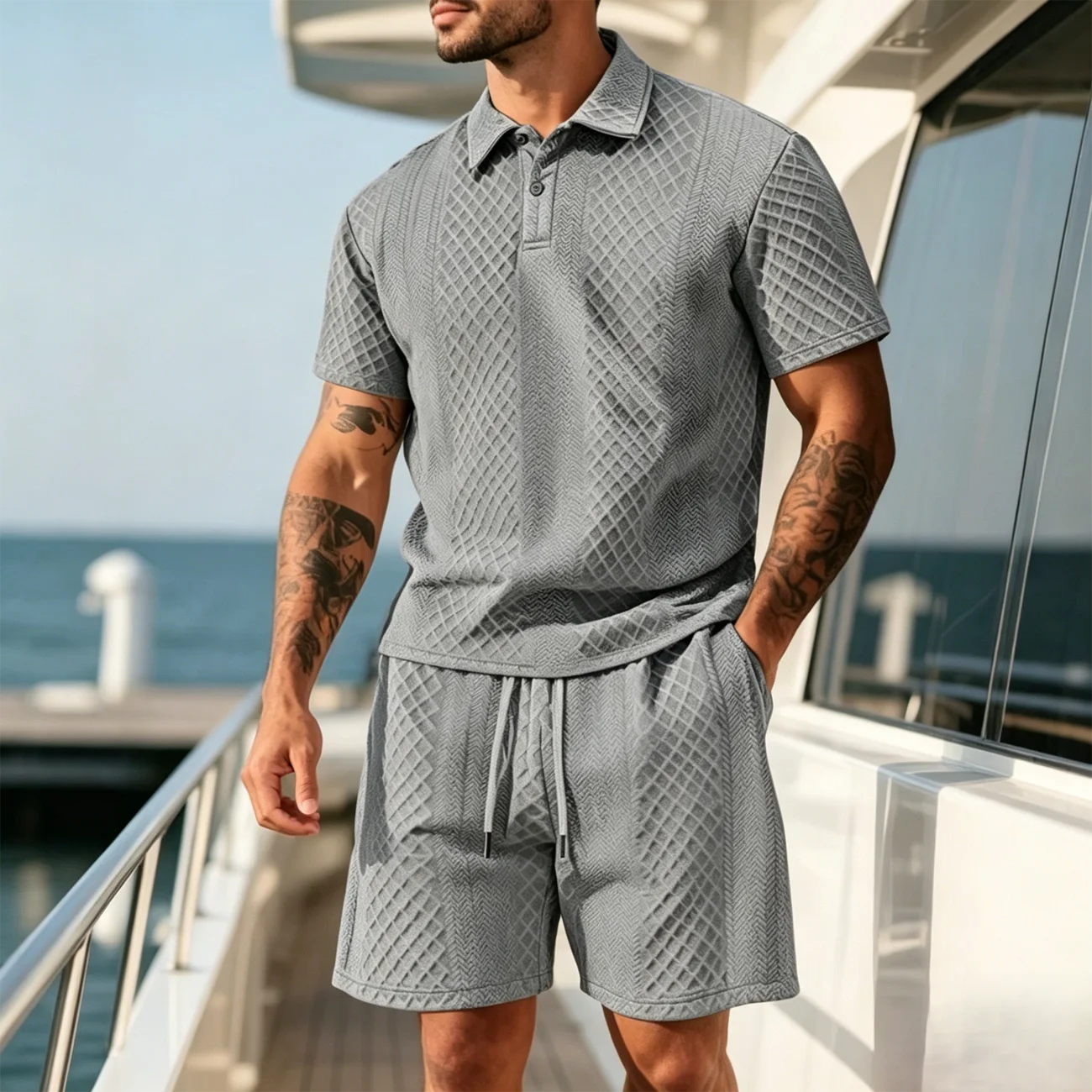

Men's summer solid-color jacquard casual short-sleeved stylish sports collar POLO shirt top + loose work pants set of 2 pieces