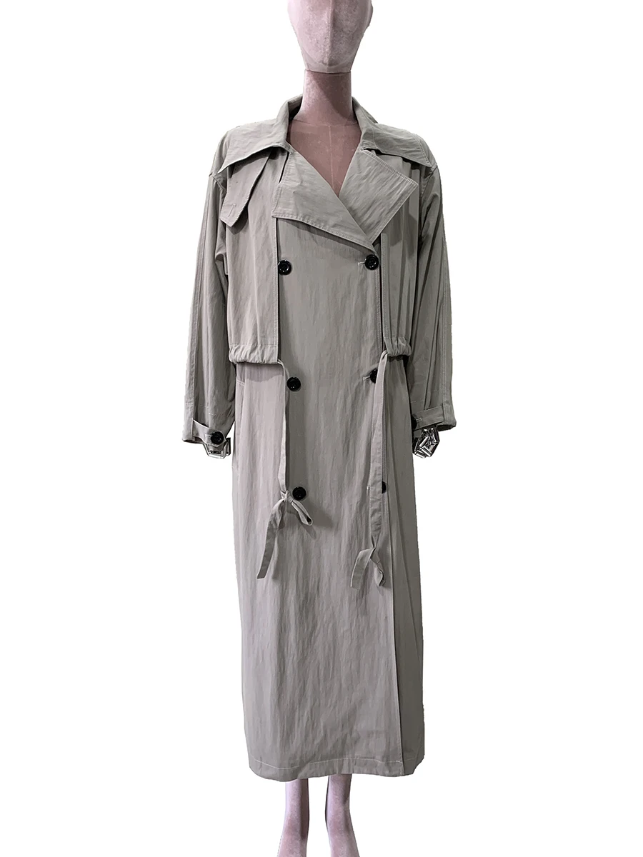 

Spring Autumn Oversized Black Flowy Soft Thin Long Trench Coat for Women Drawstring Loose Casual Luxury Designer Clothes 2025