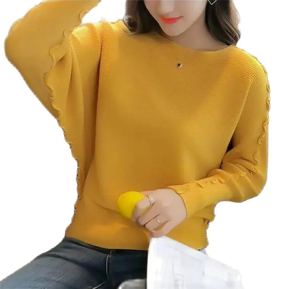 Knitted Pullover for Women Batwing Sleeve Tops O-Neck Jumper Monochromatic Casual Korean Sweaters Female Fashion Autumn