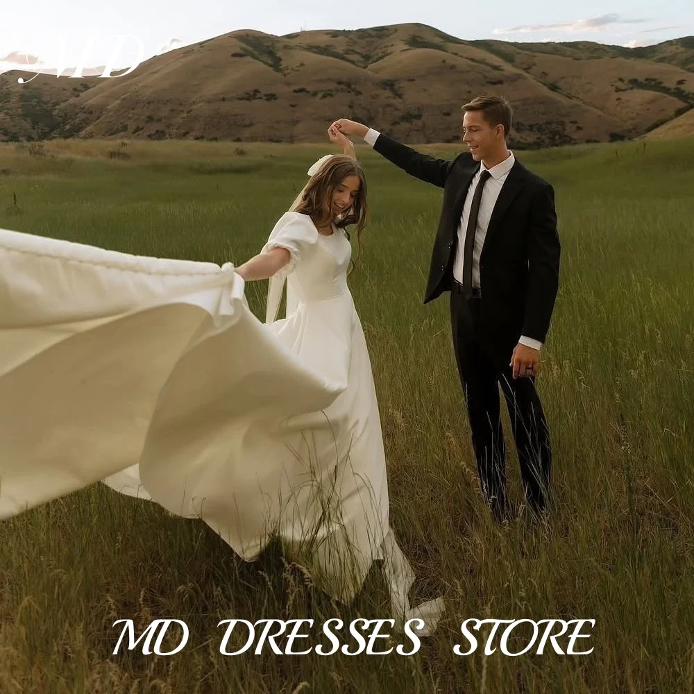 

MD Princess Square Collar Pearls A-line Wedding Dress Puff Sleeves Bridal Gown Sweep Train Vestidos De Novia Customized 2025