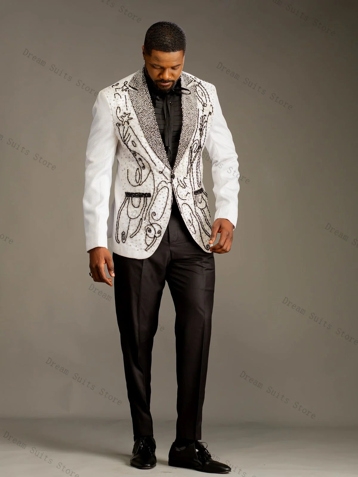 

Luxury White Men Suit Set 2 Piece Crystals Blazer+Pant Trousers Customized Formal Office Jacket Groom Wedding Tuxedos Prom Coat