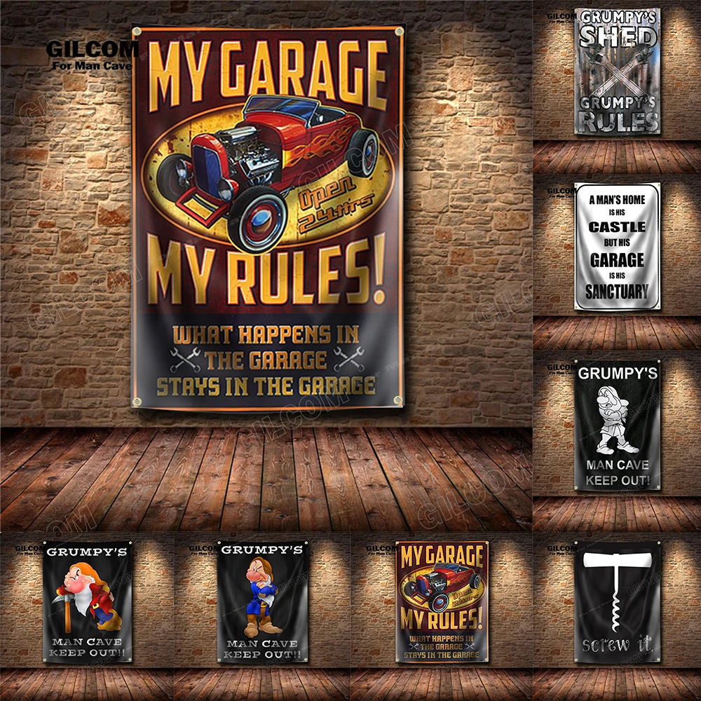 My Ruler  Retro Banner Flag  Grumpy's Garage Shed Poster Wall Art Decor Advertisement 3×5 FT Vintage Sign Man Cave Pub Club