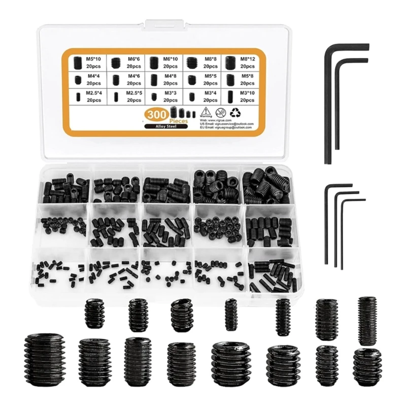 300pcs Hexagon Socket Head Cap Screws Bolts Stainless Steel Socket Head Screws 2.5/3/4/5/6/8mm Grub Screws M4YD