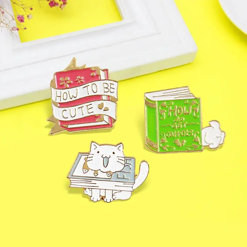 

Cartoon Books Enamel Pin Banner 'How to get carrots,How to be cute,FISH' Cat Kitty Rabbit Animal Brooches Lapel Jewelry for Kids