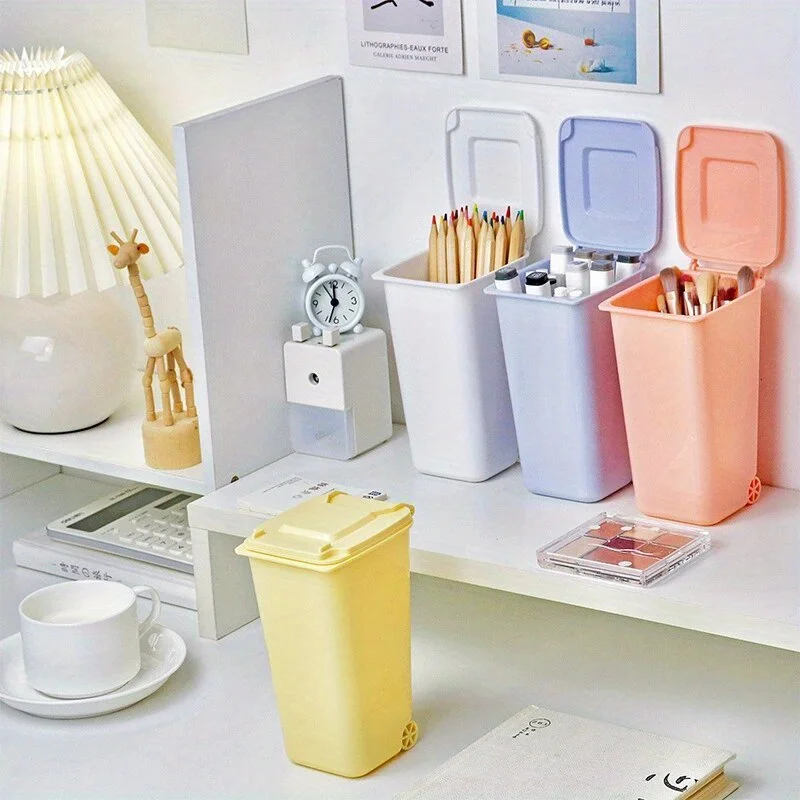 2pcs Desktop Small Trash Can Small With Lid Desk Paper Basket Household Storage Bucket
