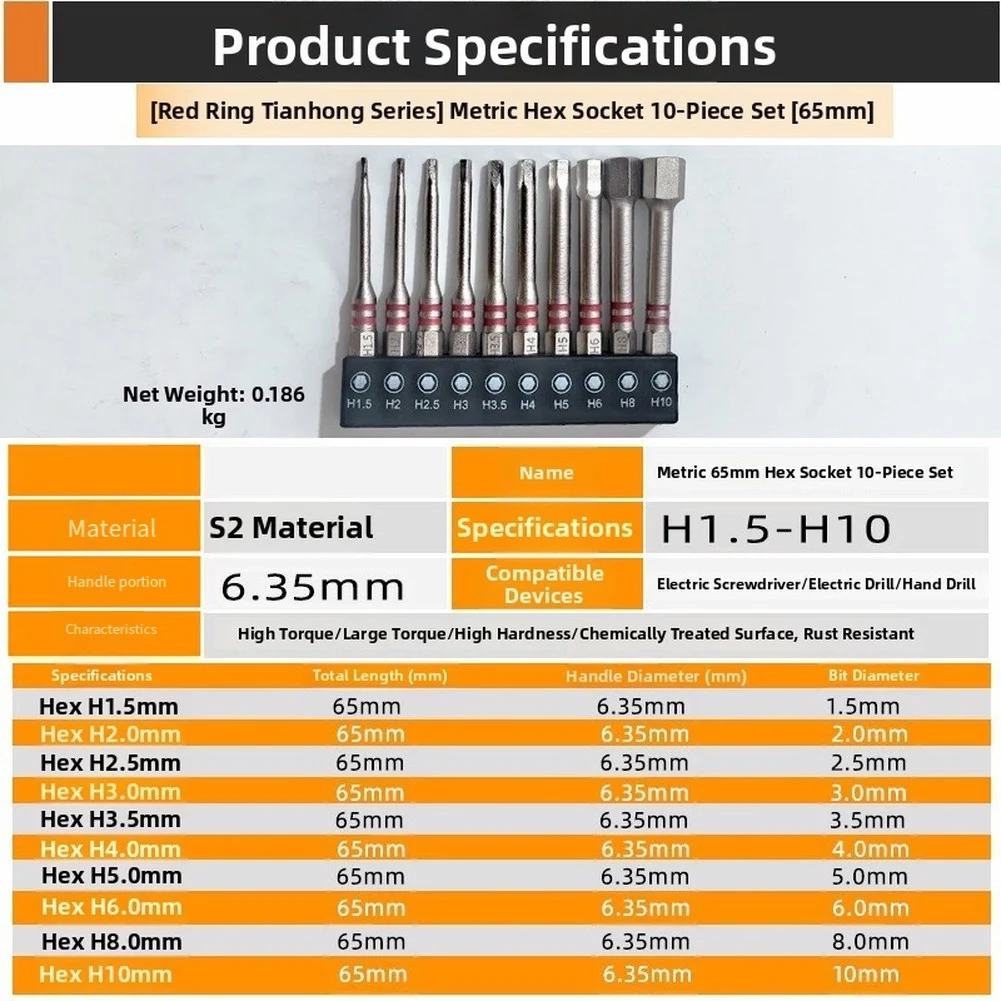 High Torque Red Ring Hex Bit Set 6.35mm Shank Anti-Slip Rust Resistant For Electric Screwdriver Drill Power Tool Accessories