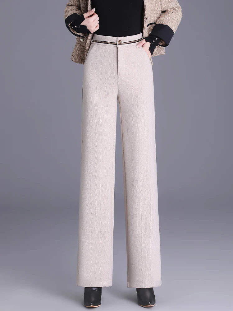

High Waist Woolen Wide Leg Pants Women's Autumn Winter Thickened Fleece Casual Straight Leg Trousers Korean Style Commute
