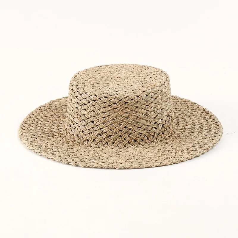Women Summer New Wide Brim Flat Top Straw Hat Outdoor Travel Sun Protection Beach Cap