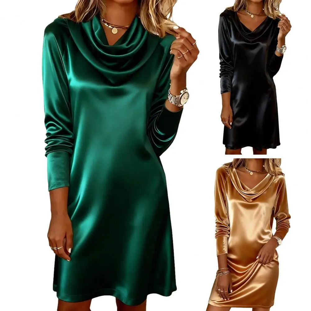 Women Satin Dress Soft Drape Dress Women's Satin Cowl Neck Dress Long Sleeve Cocktail Party Mini Ruched Wedding Guest for Club