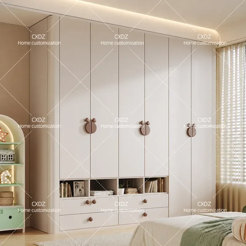 Solid Wood Oak Wardrobe with Bear Handle Bedroom Storage Cabinet 2025 New Design Clothes Closet Organizer Furniture