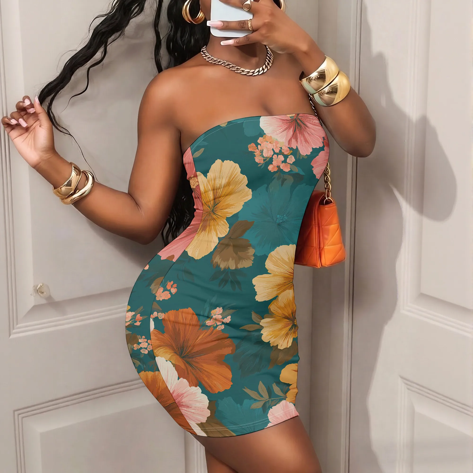 Floral Print Mini Dress, Strapless Bodycon Summer Dress, Tropical Hibiscus Pattern Party Wear, Vacation Beach Clubwear XS-XL