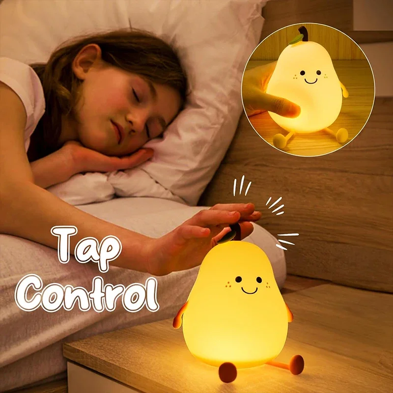 Night Lights for Kids Pear Shaped Cute Silicone Nightlight 7 Colors Dimmable Night Lamp USB Charging for Bedroom Bedside Room