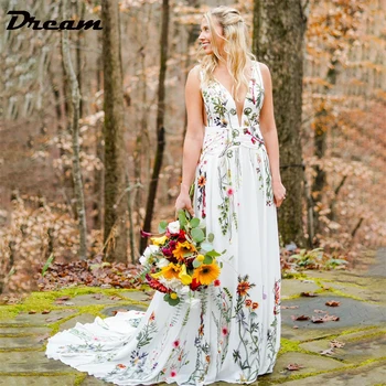 DREAM Abito da sposa pastrol personalizzato con fiori colorati ricamati a linea A senza maniche con scollo a V aperto sul retro Abiti da sposa Boho in chiffon