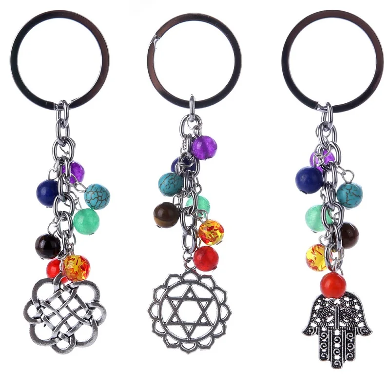 

Hot Selling 9 Style 8mm Fashion Multicolor Healing Natural Stone 7 Chakra Alloy Pendant Tree Of Life Keychain For Women Men