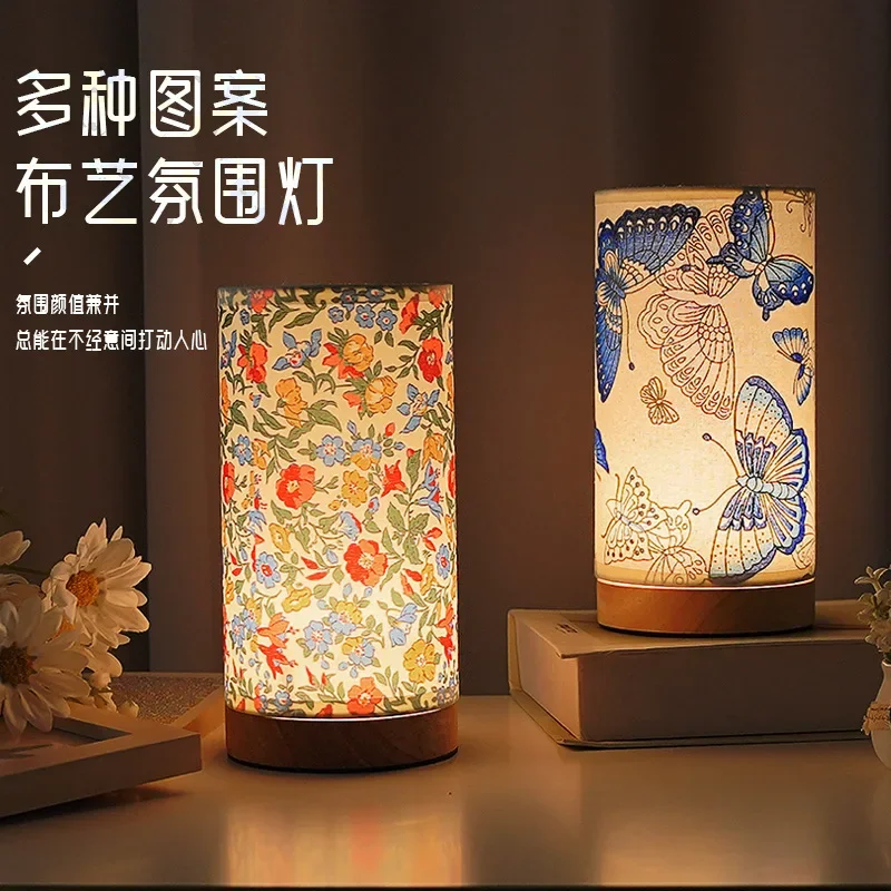 Creative New Touch Wooden Fabric Shade Table Lamp USB Rechargeable LED Night Light for Bedroom Bedside Home Decor