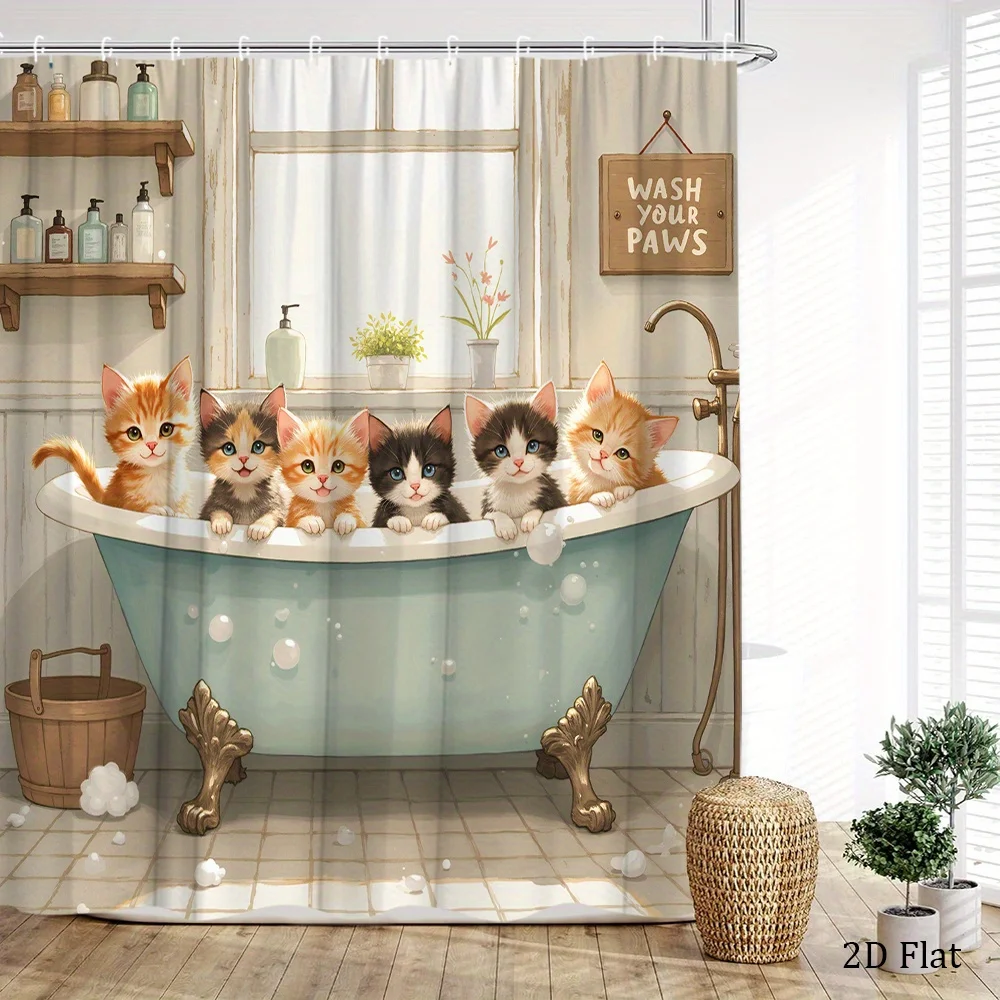 Cute Kitten Bathtub Scene Shower Curtain Machine Washable All Season Waterproof Privacy Protection Cartoon Design Kids 12 hooks