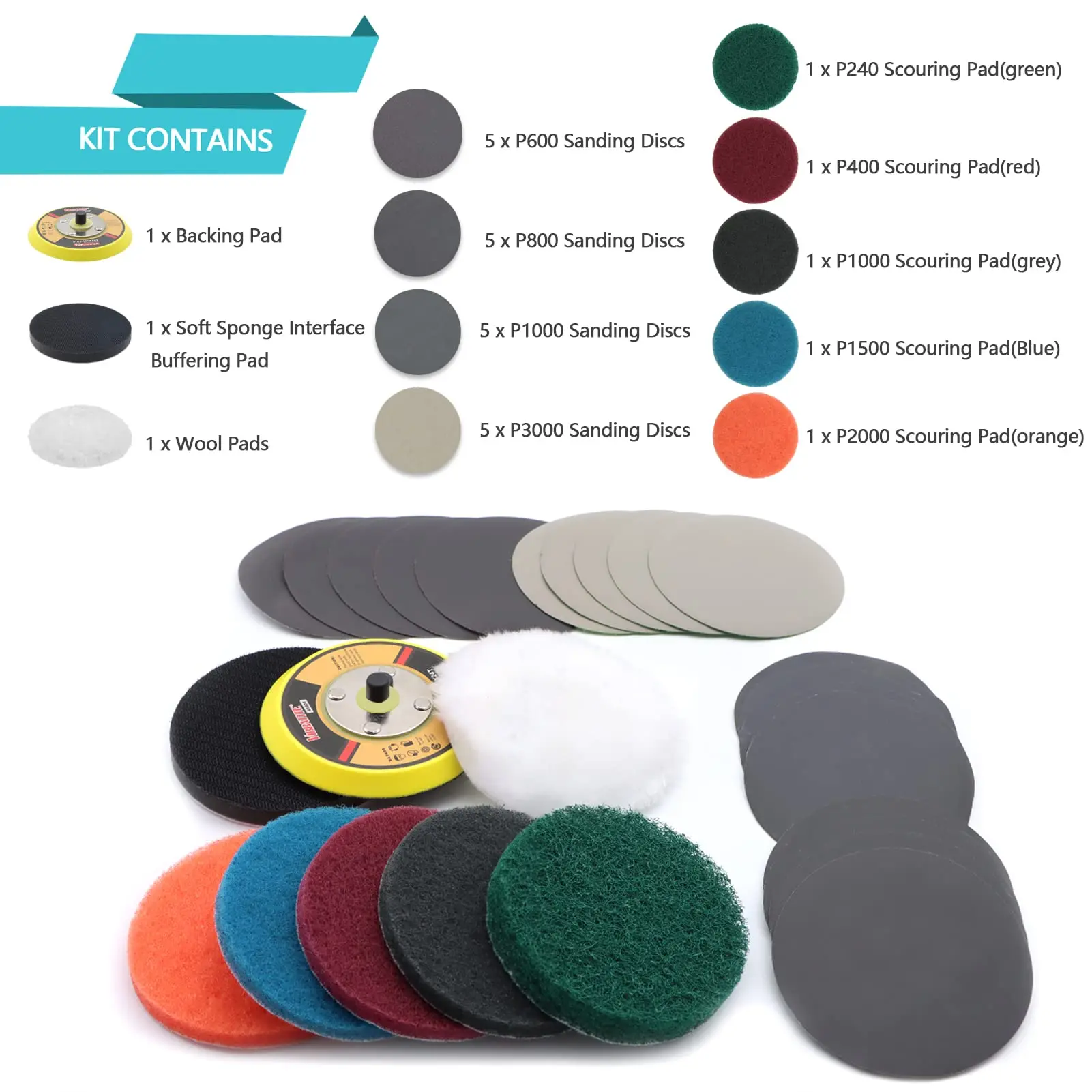 Car Headlight Restoration Kit 4Inch Car Polishing Sanding Discs with Backer Scouring Pads Soft Interface Pad Woolen Buffer 28PCS