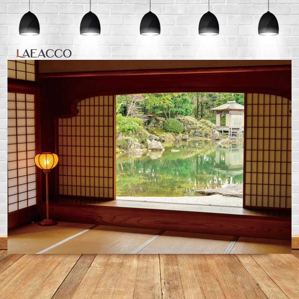 Laeacco Japanese Garden Photography Backdrop Spring Cherry Blossoms Mountain Scenery Wedding Party Kid Adult Portrait Background