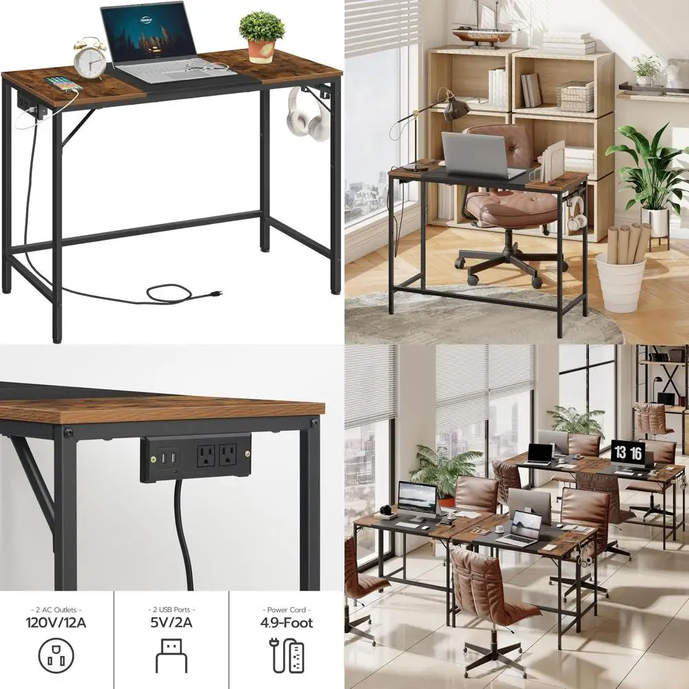 

Sturdy Rustic Brown and Black Study Desk with Power Outlet and 3 Hooks for Home Office