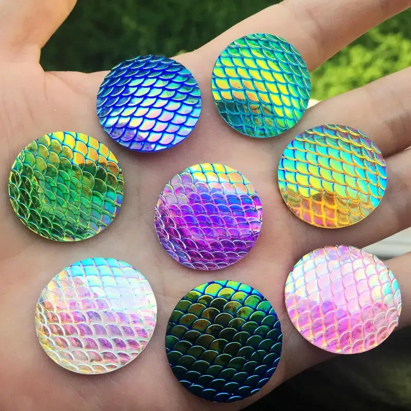 12pcs 25mm Round fish scale resin mermaid cabochon flat back Rhinestone button-B46