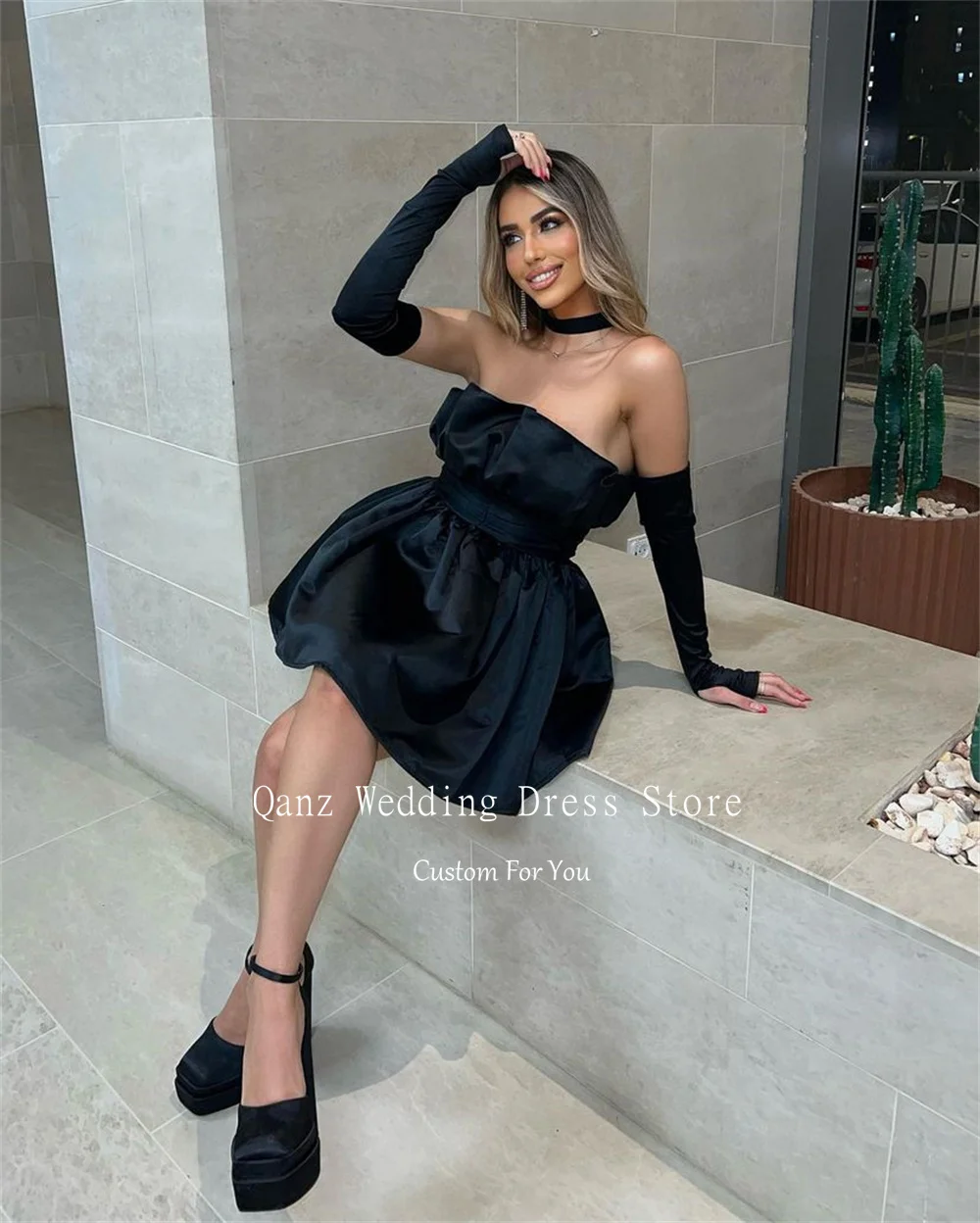 Qanz Long Sleeves Prom Dresses Short Black Satin Bestidos De Graduacion Para Mujeres Sexy Mini Homecoming Dresses Customized