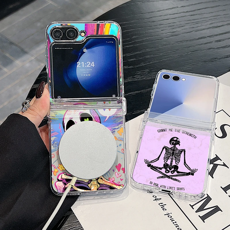 Cute Skull Pattern Magnetic Phone Case For Samsung Galaxy Z Flip 7 FE 7 6 5 4 5G Flip7 Flip6 Flip5 For Magsafe Hard Back Cover