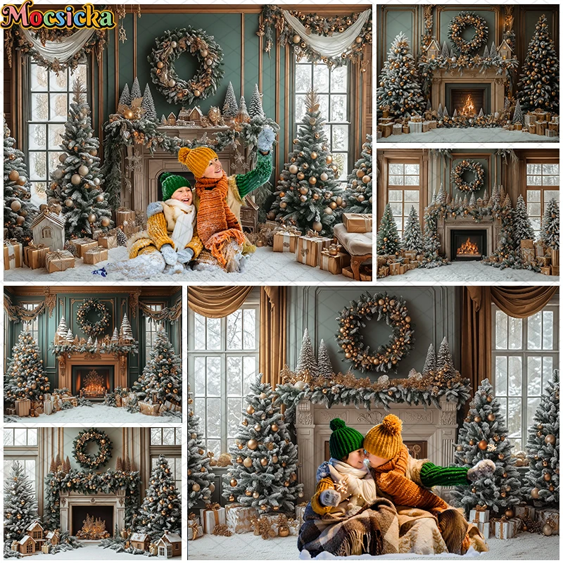 

Mocsicka Christmas Fireplace Backdrops Kids Adult Photography Child Adult Photocall Decors Xmas Trees Classic Wall Backgrounds