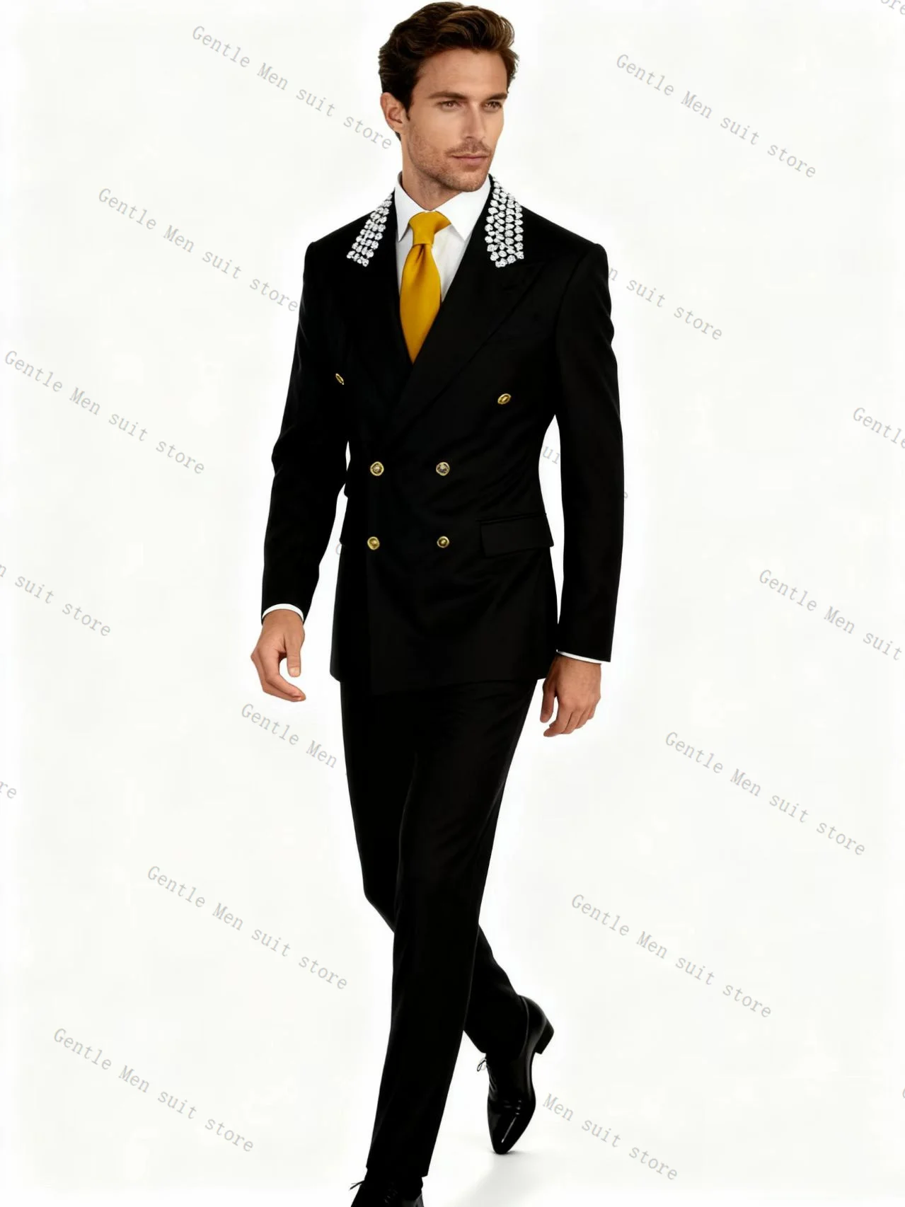 Black Crystals Men Suit Set 2 Piece Blazer+Cotton Pants Trousers Luxury Wedding Tuxedos Formal Office Jacket Coat Customized
