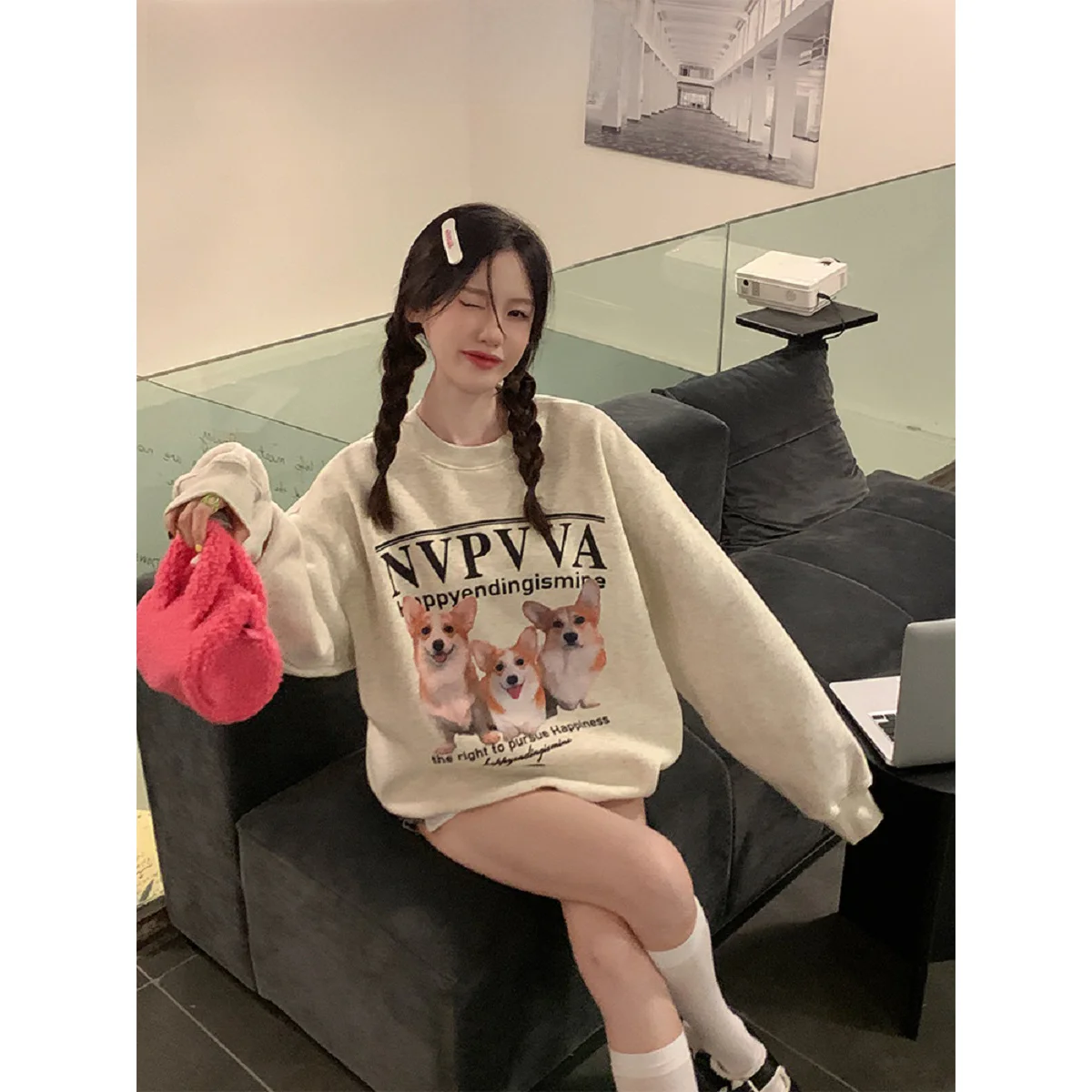 

Свободный свитшот с длинными рукавами и круглым вырезом для молодых девушек и женщин, удобная верхняя одежда на весну и осень в корейском стиле