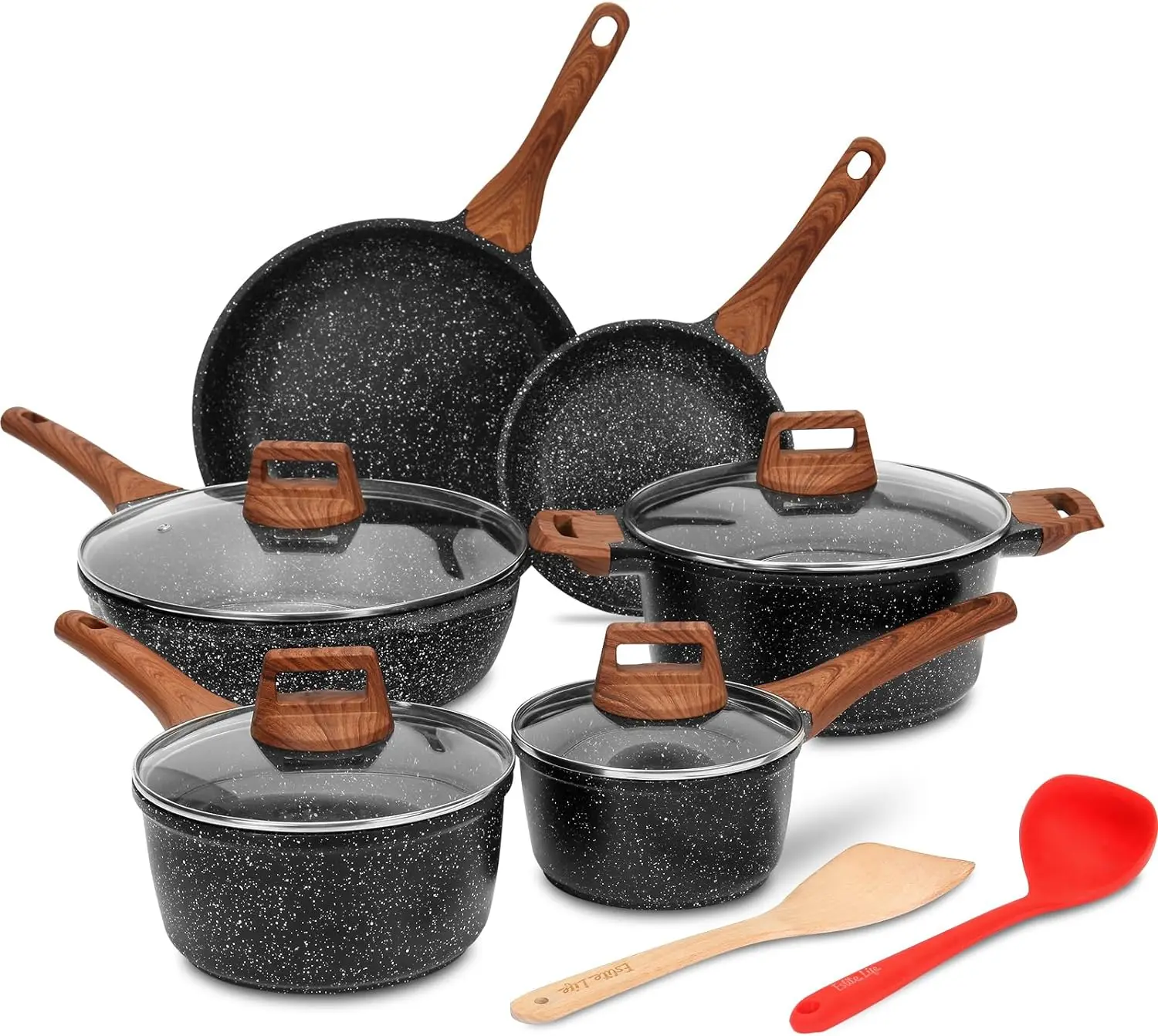 

Nonstick Cookware Sets, 12 Pcs Granite Coating Pots and Pans Set Kitchen Cooking Set, Compatible with All Stovetops, PFOA Free