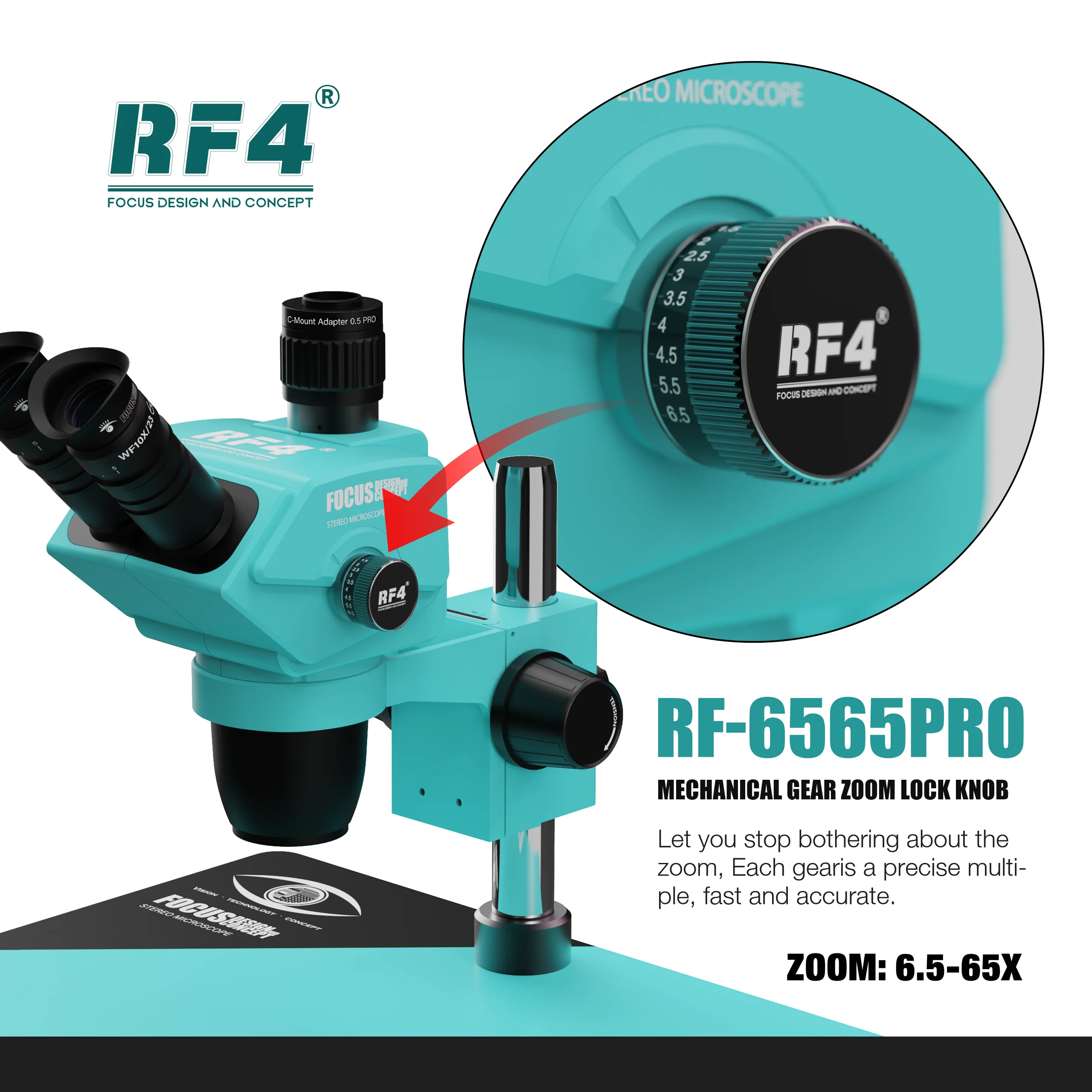 Trójokularowy mikroskop stereoskopowy RF4 HD RF-6565PRO dziewięciobiegowa blokada z zoomem, wielowarstwowy obiektyw lutowanie telefonu naprawa PCB