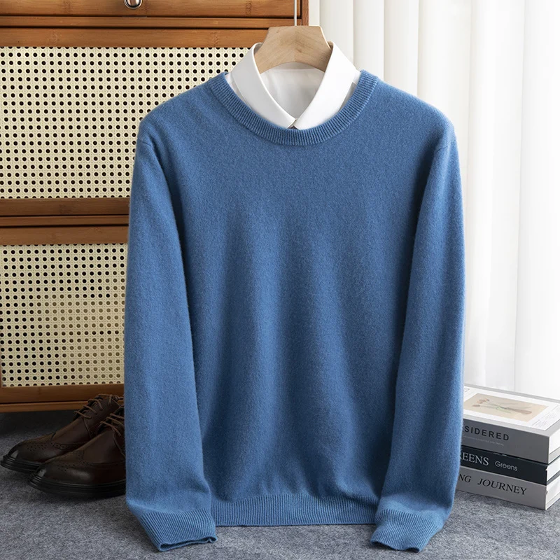 New 100% Pure Wool Sweater Men\'s Autumn Winter O-Neck Pullovers Business Casual Base Shirt Knit High-Grade Warm Male Jumper