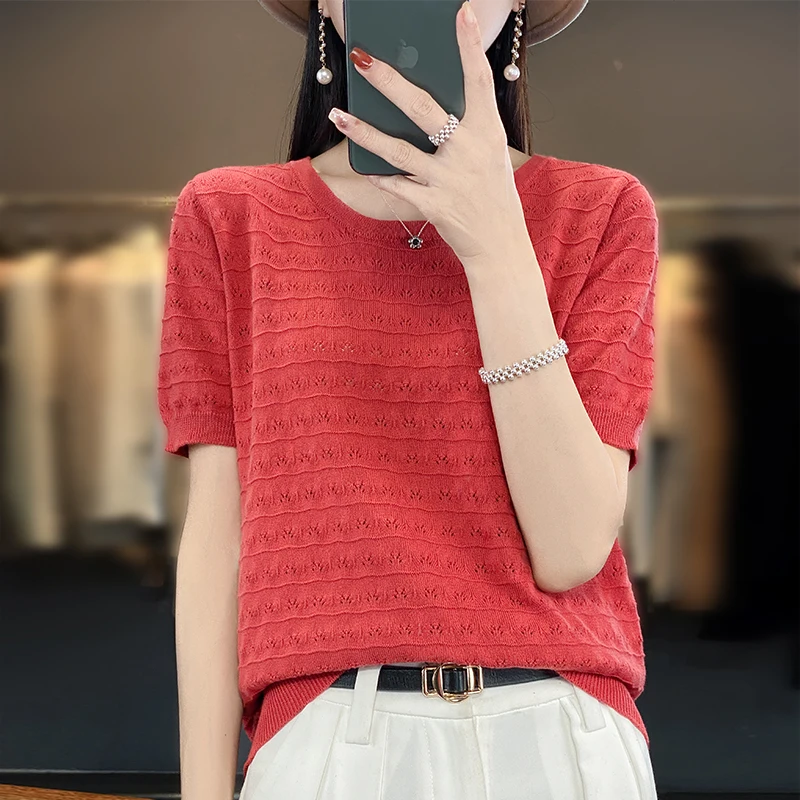 2023 Summer New 100% Cotton Knitted Short Sleeve Women\'s Thin Hollow Loose Large Size T-shirt Round Neck Solid Half Sleeve Top