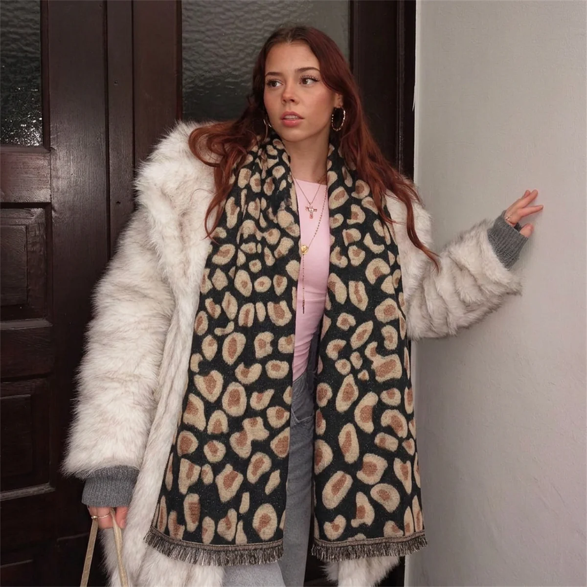 Winter Women Double Sided Leopard Scarf Retro Tassel Soft Thick Faux Cashmere Shawl Wrap for Cold Weather Daily Street Matching